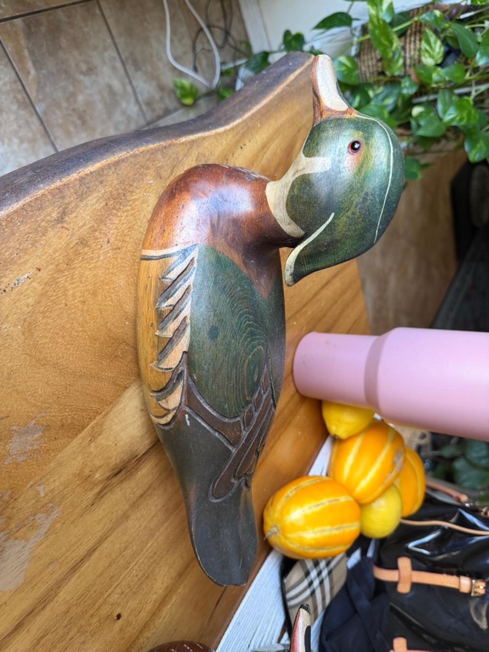 Handcrafted Green and Brown Wooden Duck Wall Accent